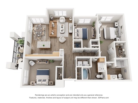 Floor plan for 3 beds, 2 baths, 1231 sqft